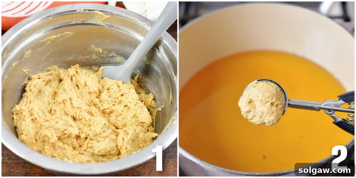 Collage of two images showing pumpkin donut hole batter and scooping into hot oil.