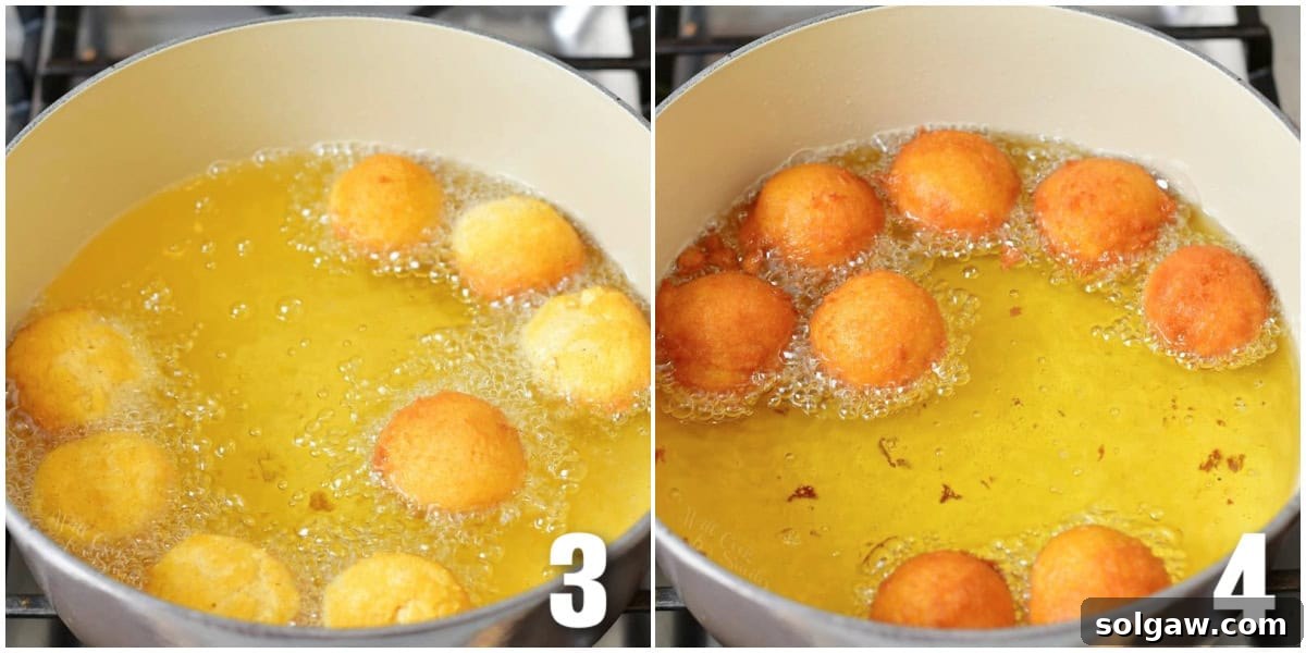 Collage of two images showing pumpkin donut holes cooking in oil at different stages.