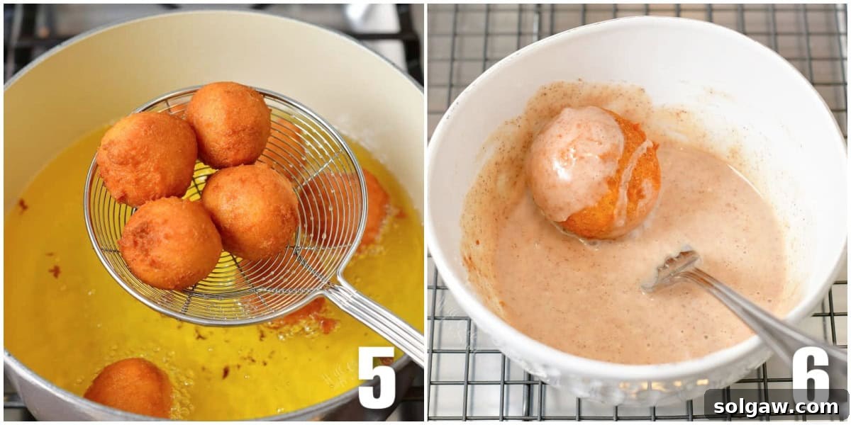 Collage of two images showing pumpkin donut holes being taken out of oil and coated in glaze.