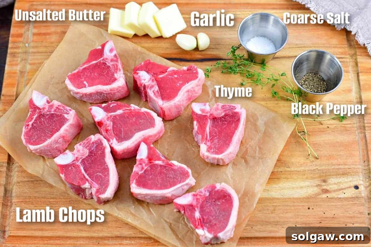Labeled ingredients for cooking lamb chops laid out on a wooden cutting board.