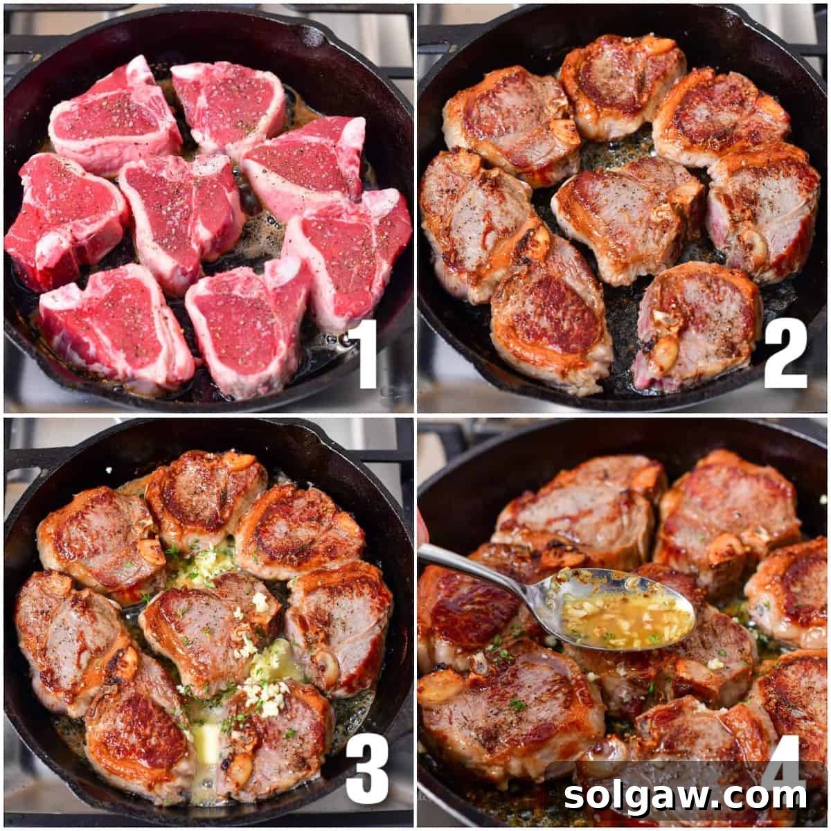 A four-image collage showing the process of searing lamb chops in a cast iron skillet with butter, garlic, and thyme.