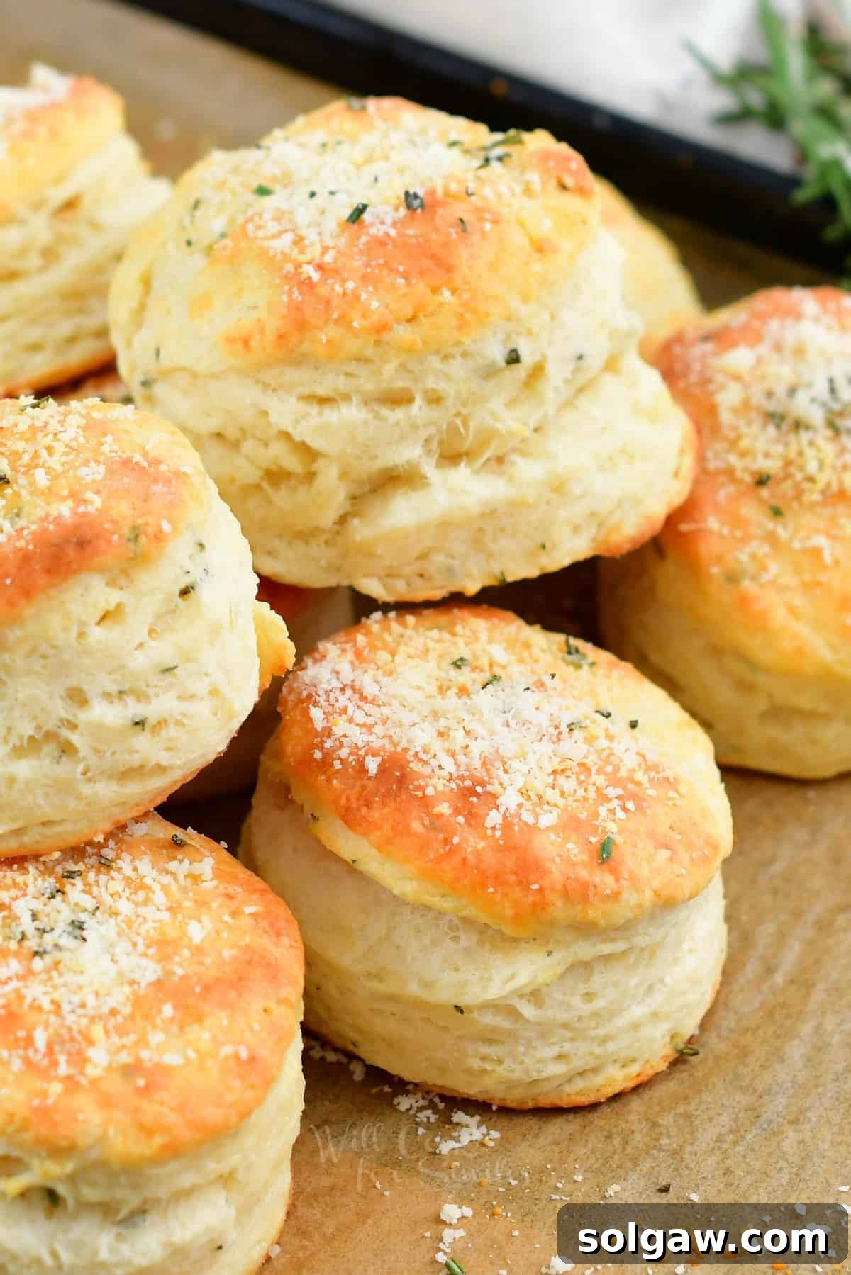 Parmesan Herb Garlic Butter Biscuits 2 Closeup of stacked, golden-brown garlic butter parmesan herb biscuits, garnished with fresh herbs, ready to be served.
