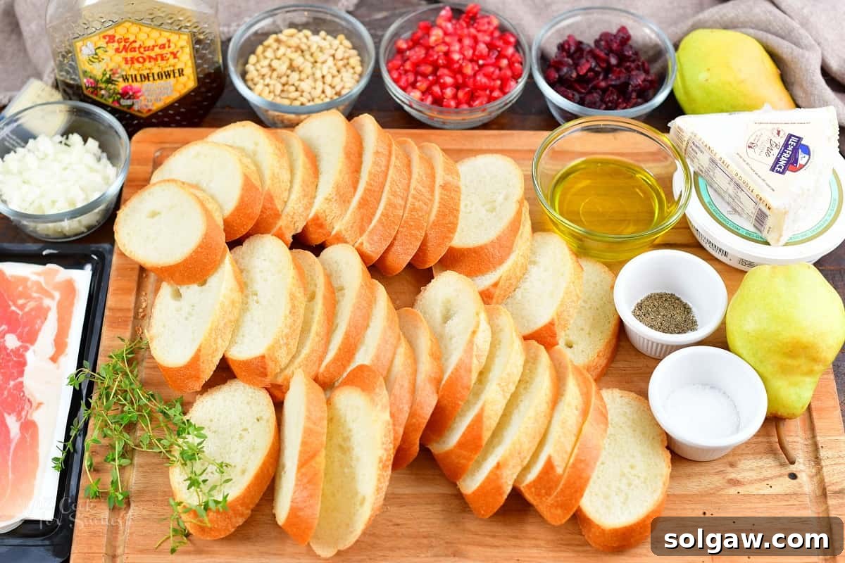 ingredients for holiday crostini on a cutting board