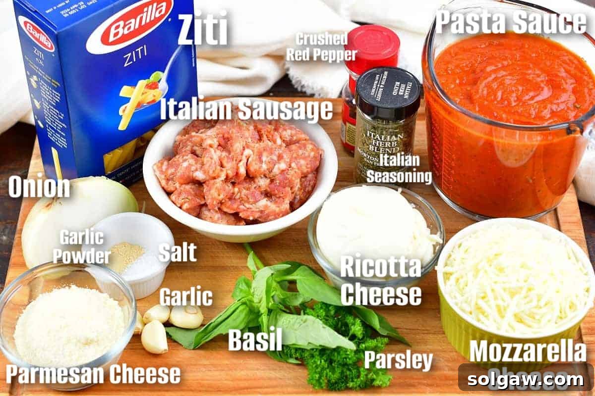 Key ingredients laid out for making baked ziti, including pasta, tomatoes, cheese, and herbs.
