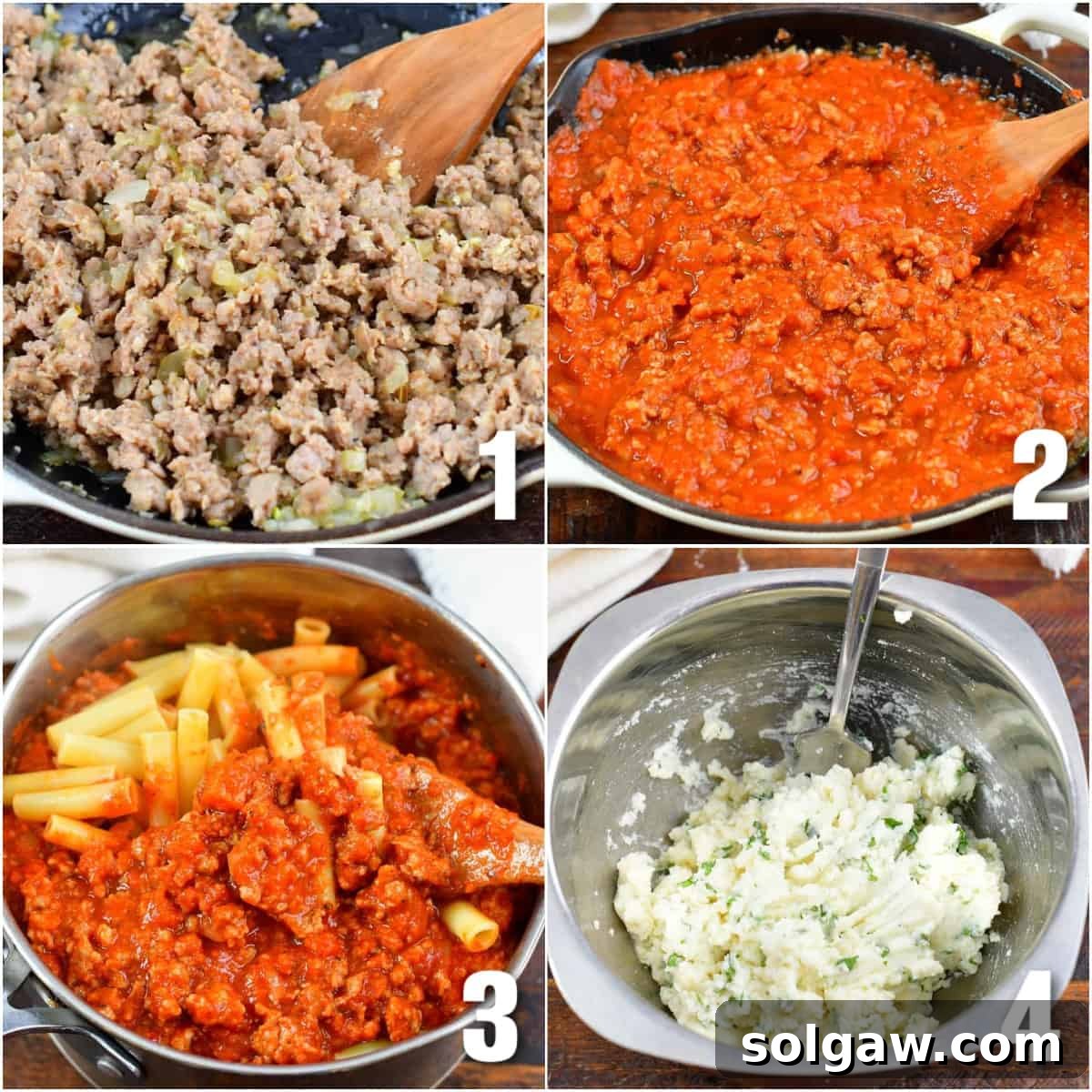 Four-image collage showing the process of cooking sauce, mixing it with pasta and meat, and preparing ricotta mixture for baked ziti.