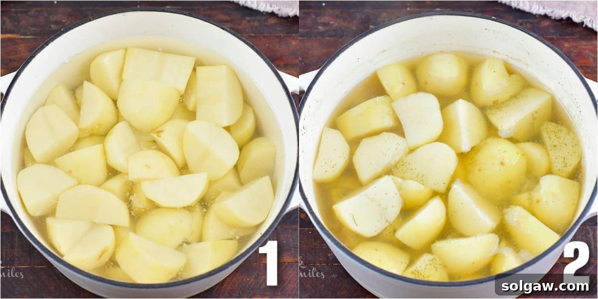 Perfectly Creamy Homemade Mashed Potatoes 4 collage of two images of cut potatoes in a pot before and after boiling when completely tender.