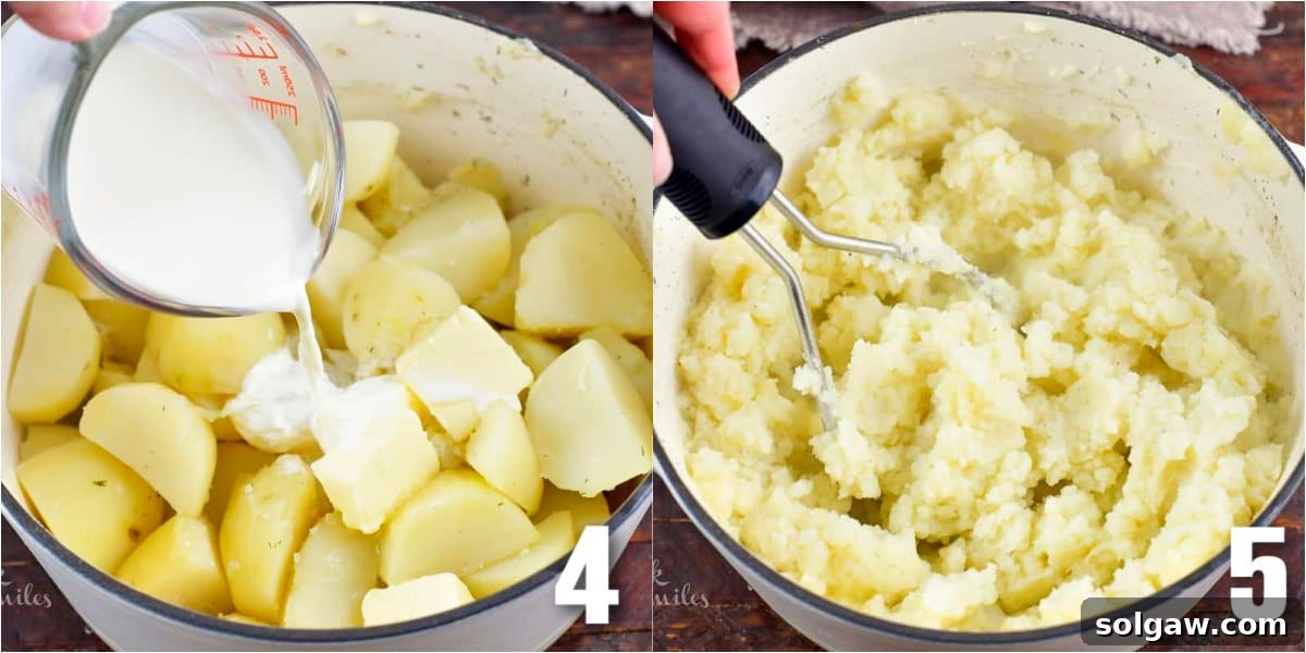 Perfectly Creamy Homemade Mashed Potatoes 6 collage of two images of adding milk to cooked potatoes and mashing them until soft and fluffy.