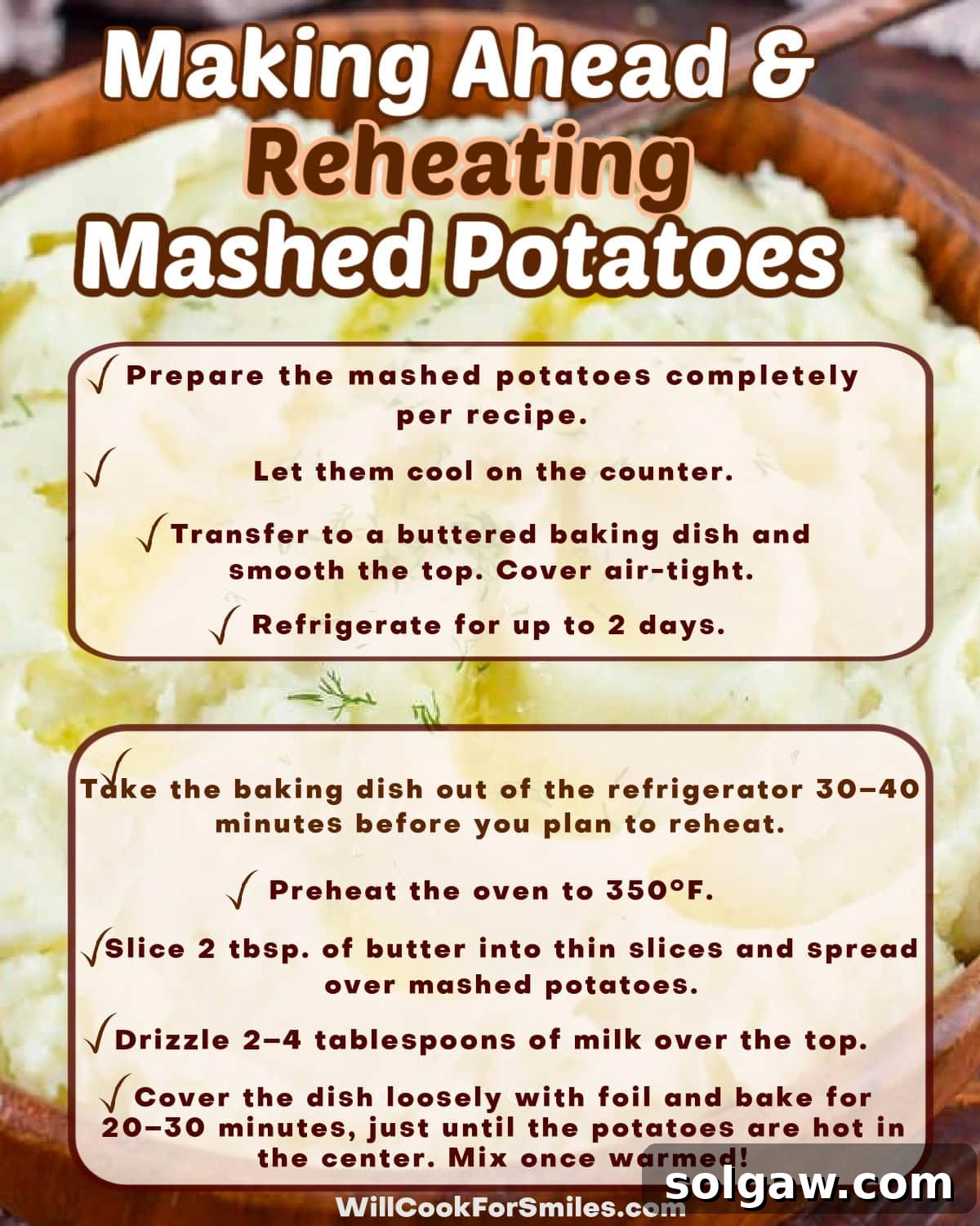 Perfectly Creamy Homemade Mashed Potatoes 7 graphic of instructions to make mashed potatoes ahead of time and reheat when needed.