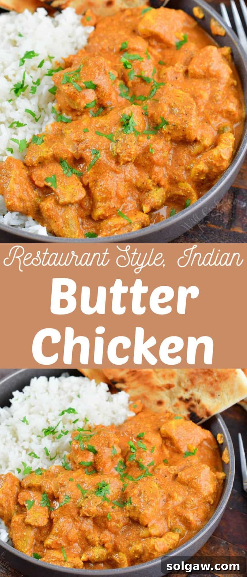 Butter Chicken Murgh Makhani 15 A collage of two appetizing images of butter chicken: one in a bowl with rice and naan, and another close-up of the creamy chicken curry.