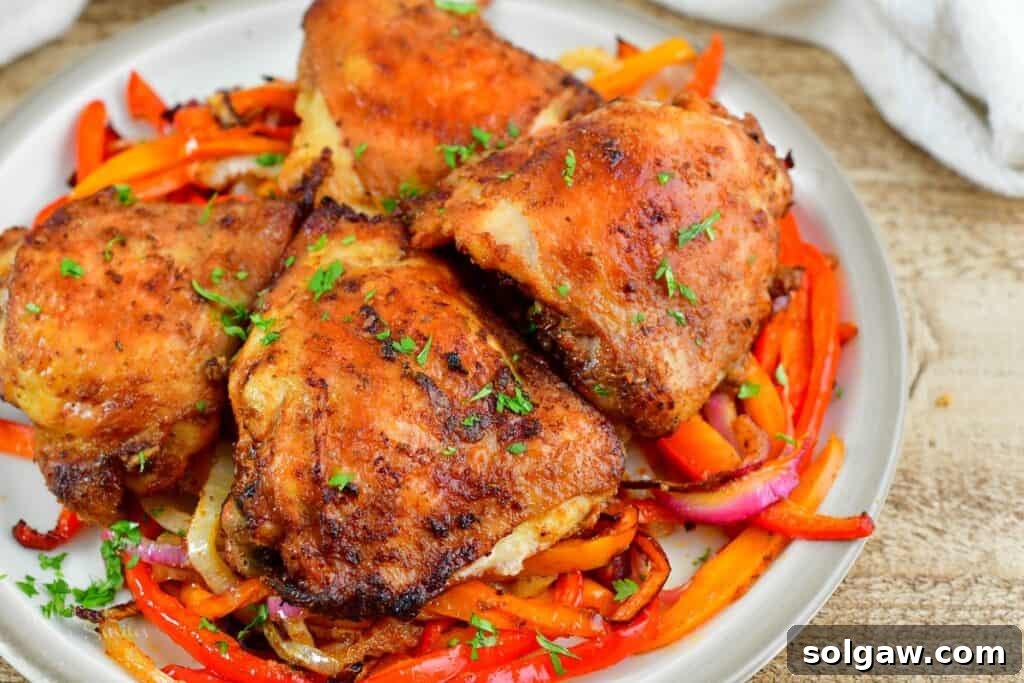 Zesty Air-Fried Southwest Chicken Thighs 9 Plated Air Fryer Southwest Chicken Thighs garnished with fresh cilantro and lime wedges, served alongside a side dish.