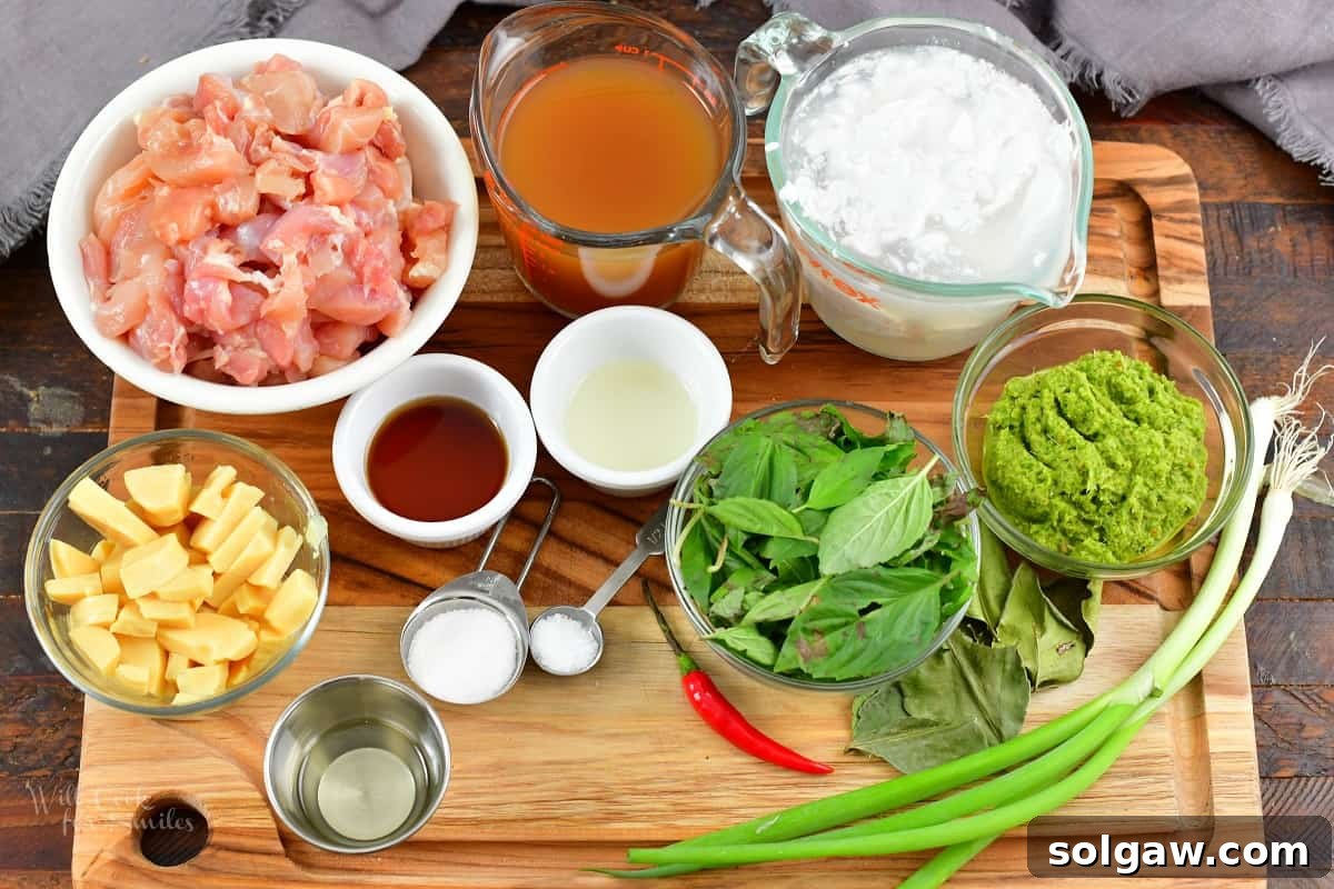 Vibrant Thai Green Chicken Curry 3 ingredients for Thai green curry on the cutting board