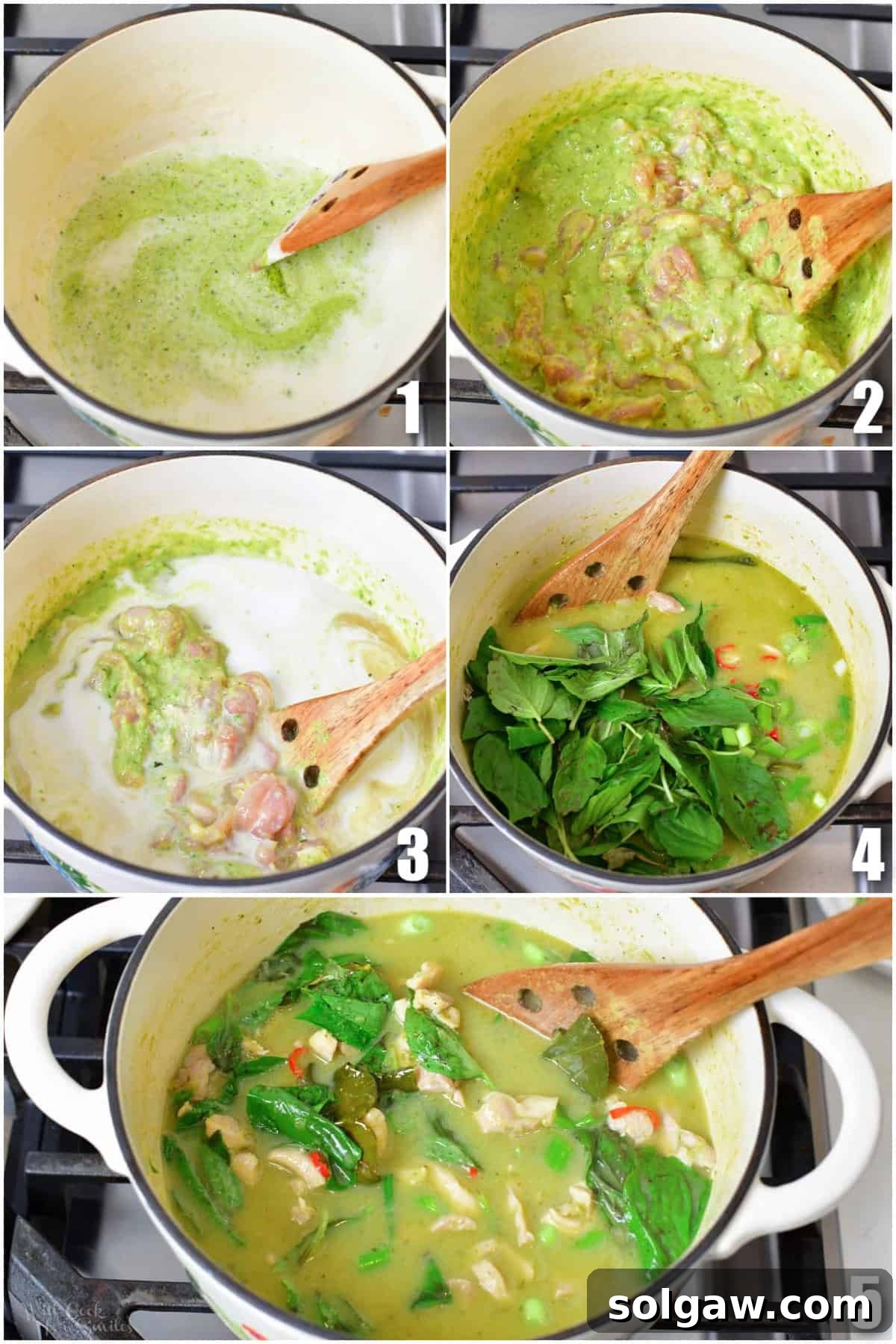 Vibrant Thai Green Chicken Curry 4 collage of five images of mixing green curry paste, coconut milk, chicken, and other ingredients to make Thai green curry.