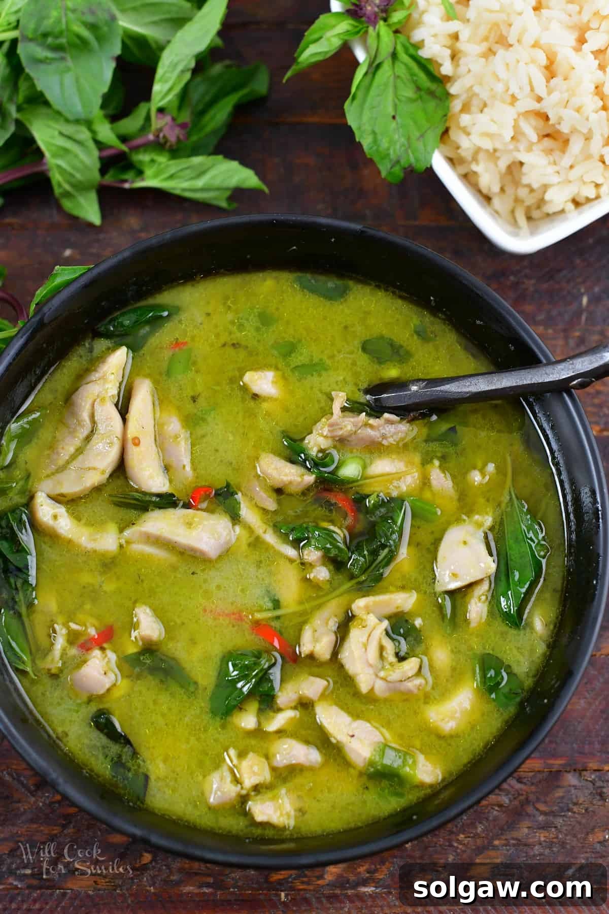 Vibrant Thai Green Chicken Curry 6 top view of Thai green curry in a bowl