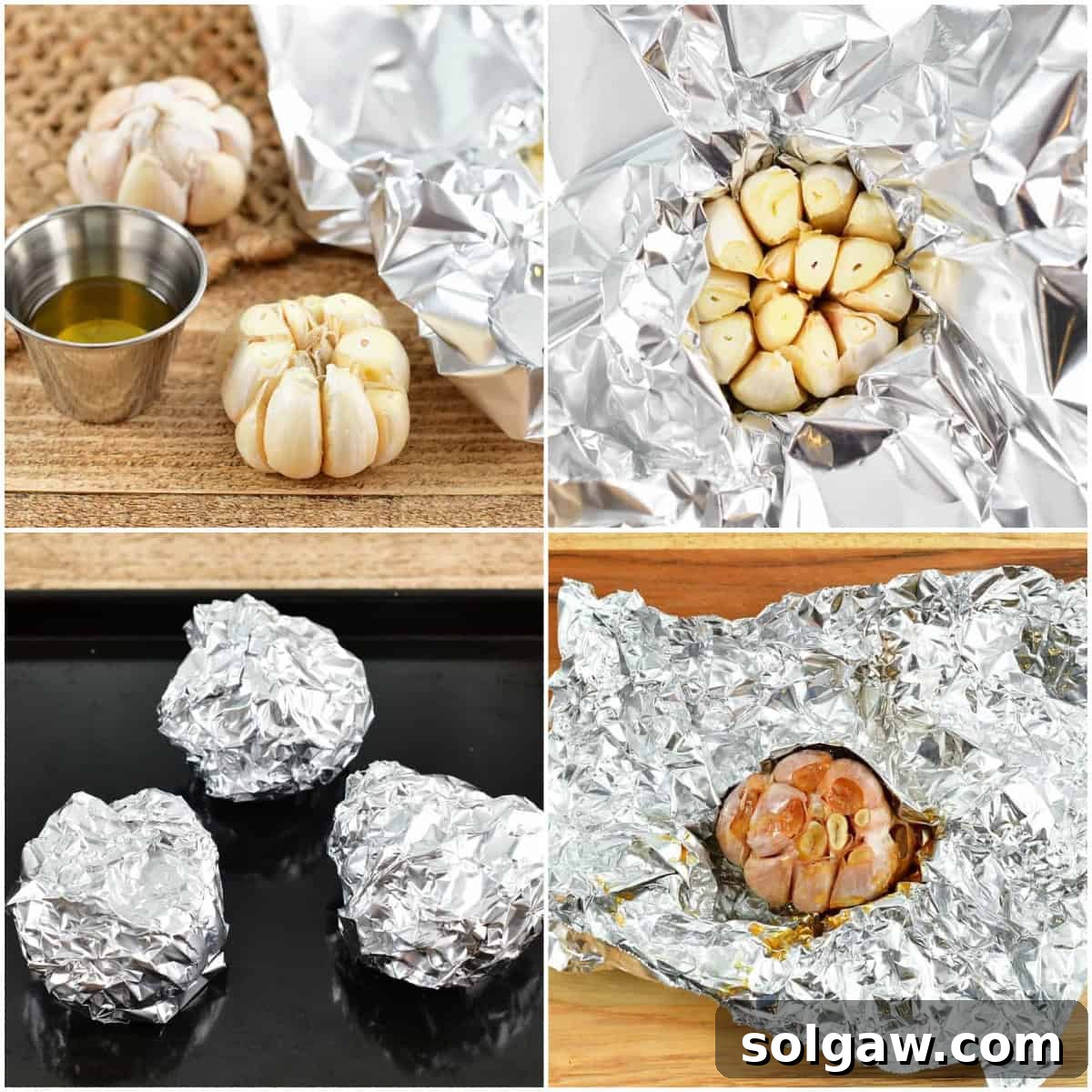 Sweet Mellow Roasted Garlic 4 A collage of four images showcasing the simple step-by-step process to perfectly roast garlic bulbs at home.