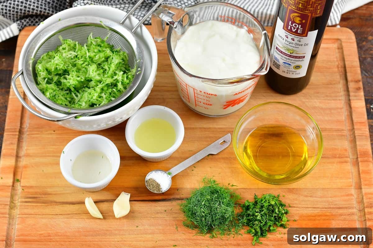 ingredients for tzatziki sauce on the board