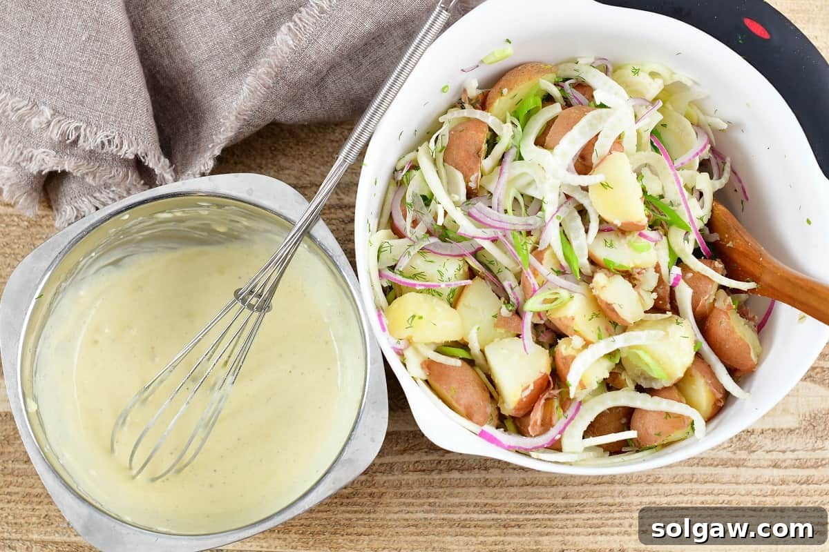 Ingredients for potato salad and the creamy dressing being prepared separately.