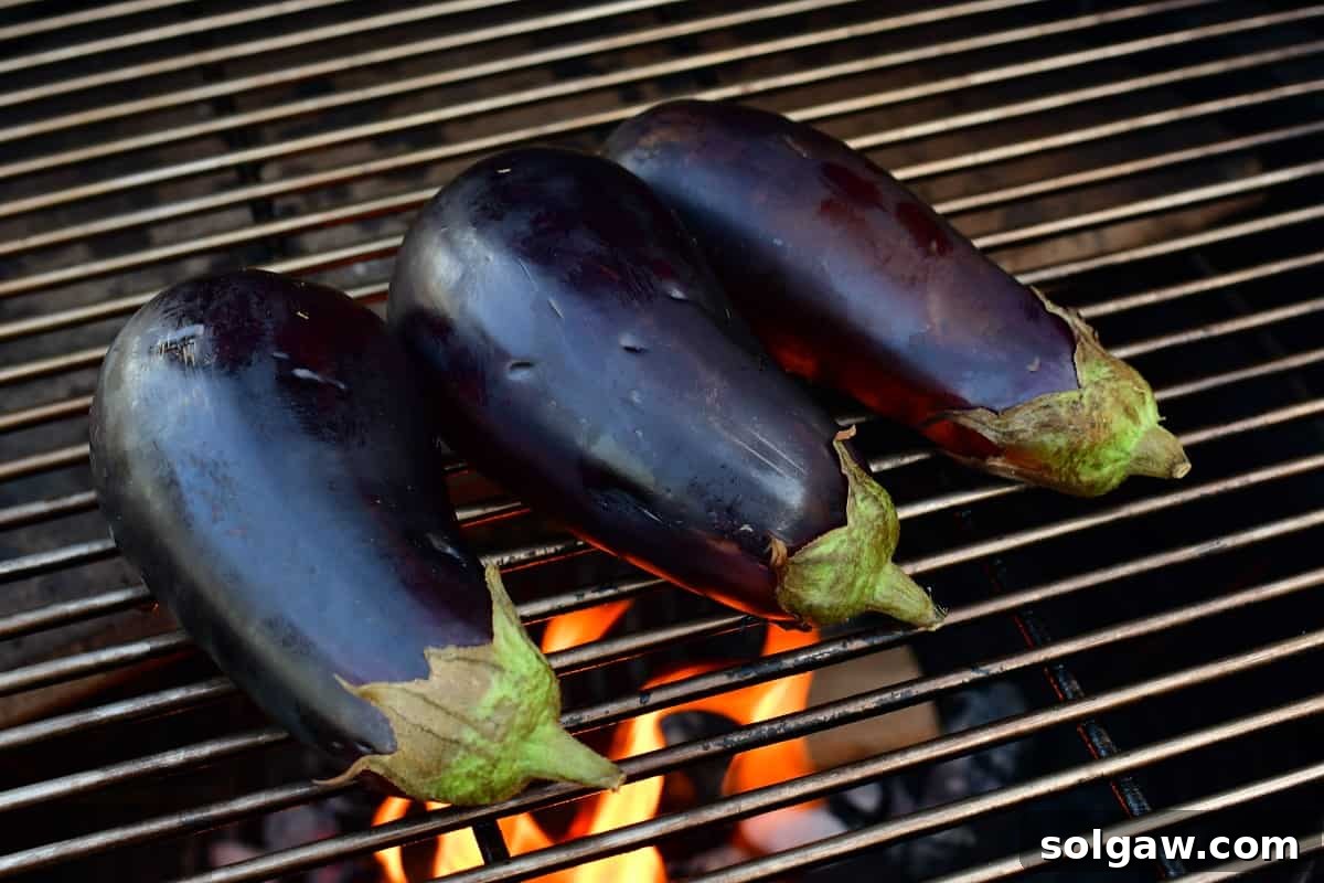 Smoky Aubergine Mezze 4 Three eggplants roasting directly over hot charcoal on a grill