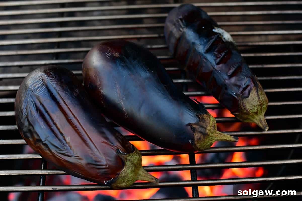Smoky Aubergine Mezze 5 Close-up of three eggplants cooking on a hot grill grate, showing charring skin