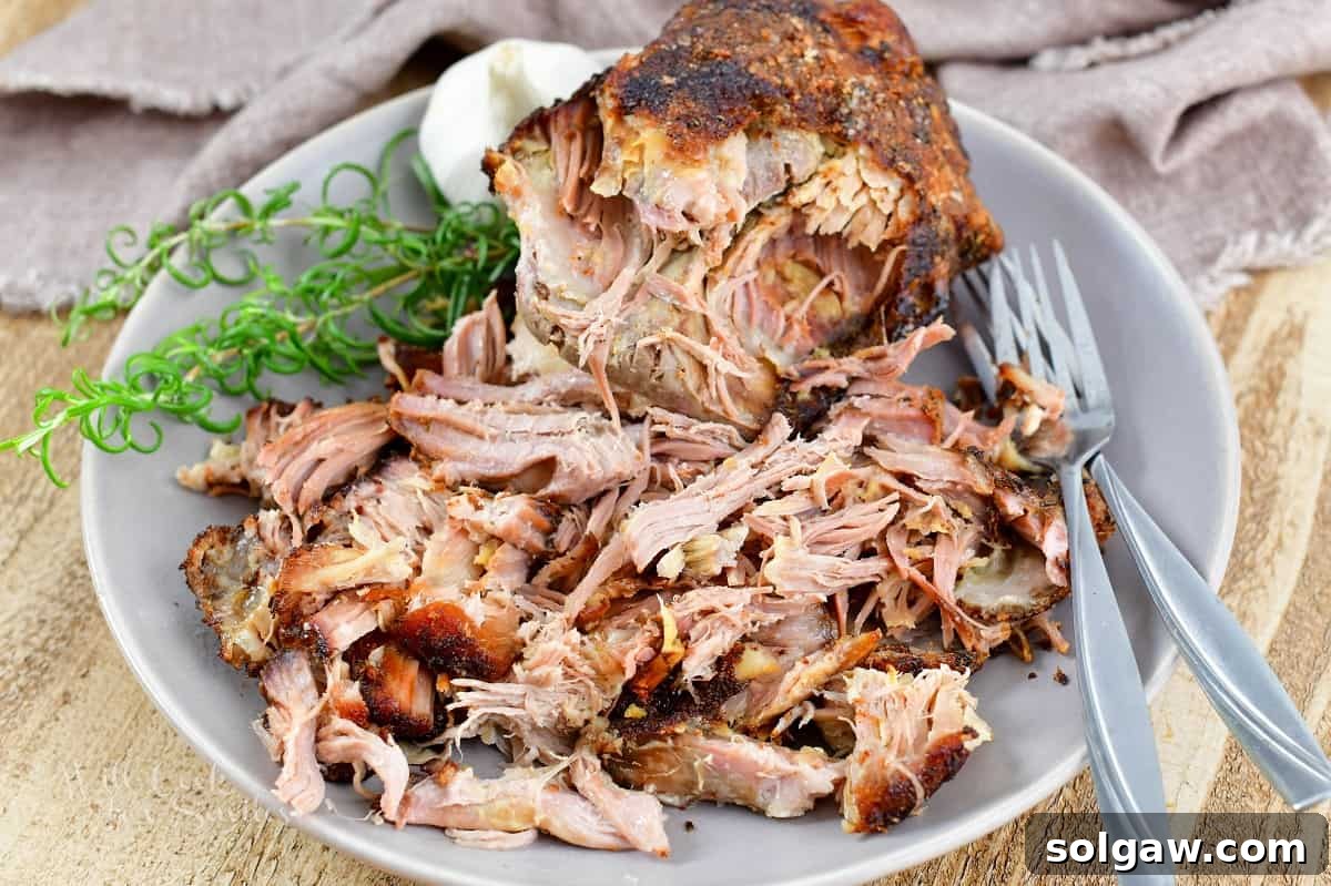 pulled pork on the plate with forks, garlic bulb and rosemary.