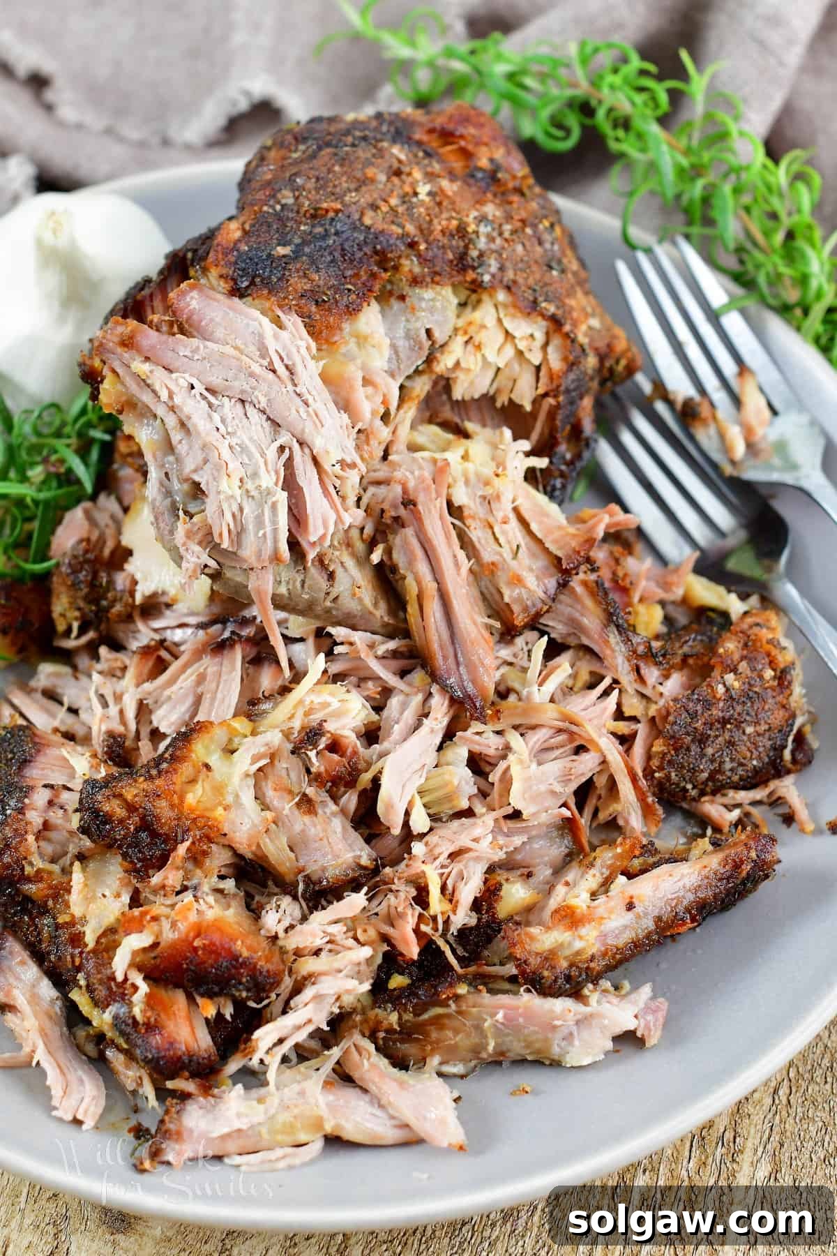 large piece of pork and pulled pork in the plate with forks and rosemary.