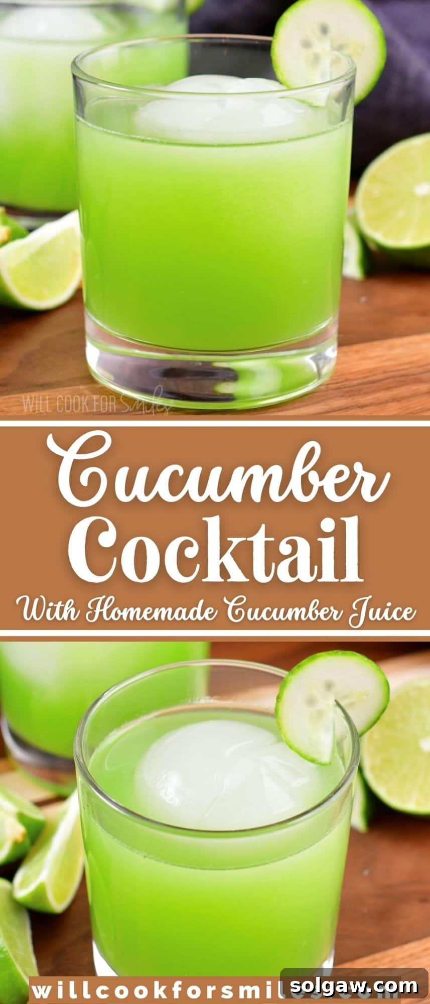A collage featuring two close-up images of the refreshing cucumber cocktail.