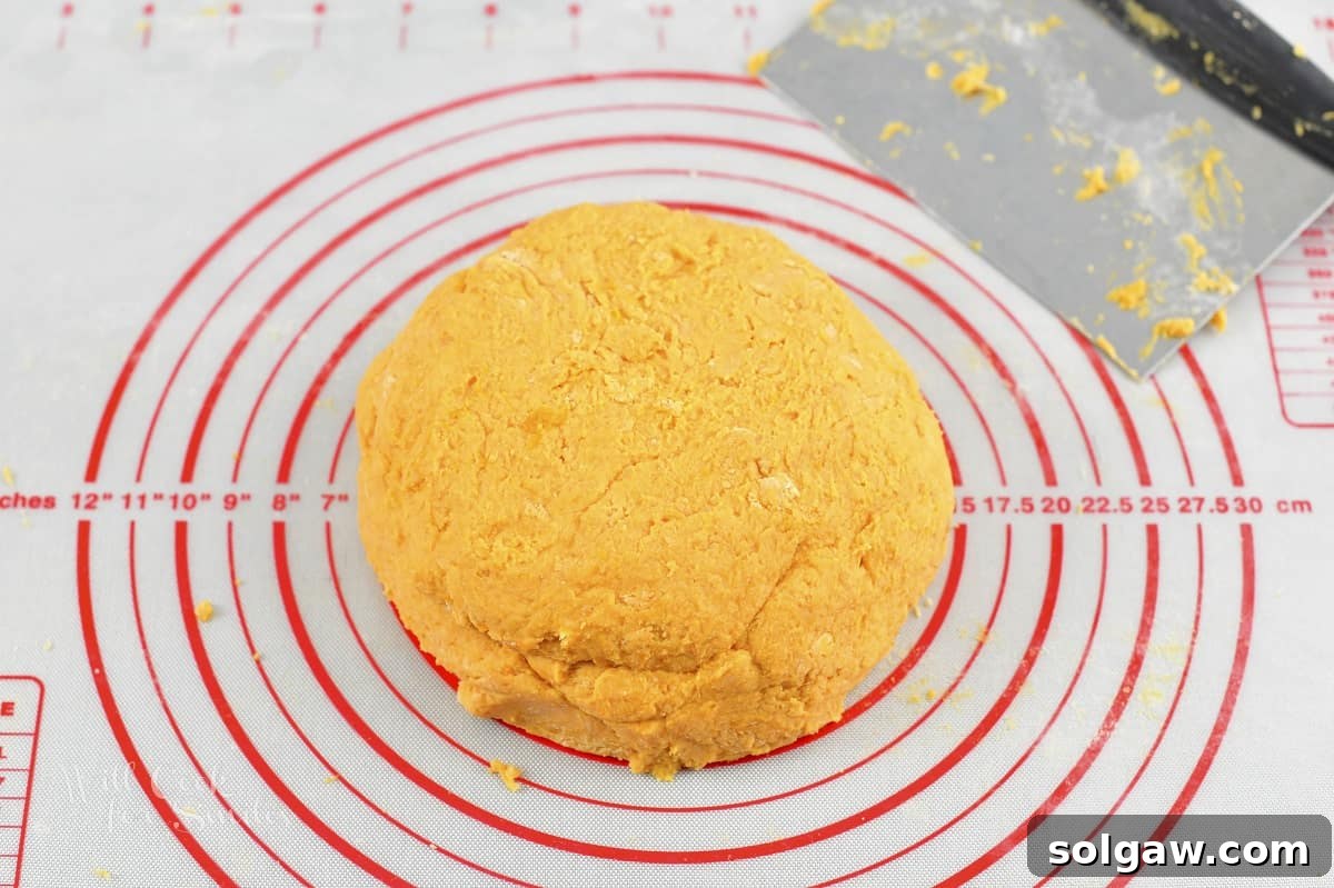 A ball of sweet potato gnocchi dough on a lightly floured surface.