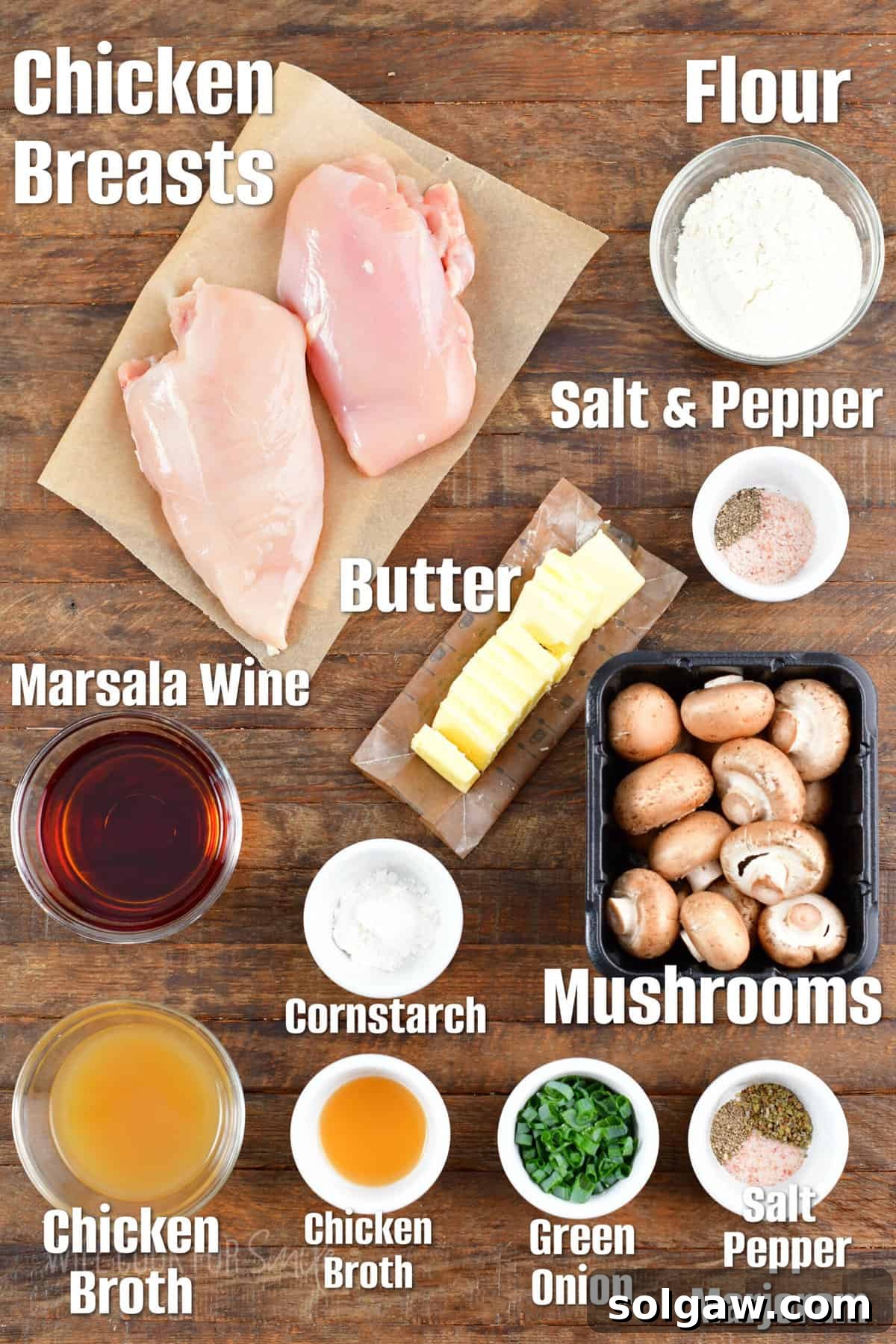 Savory Chicken Marsala 3 A selection of fresh ingredients laid out on a wooden surface, including chicken breasts, mushrooms, Marsala wine, butter, and seasonings, ready for making Chicken Marsala.