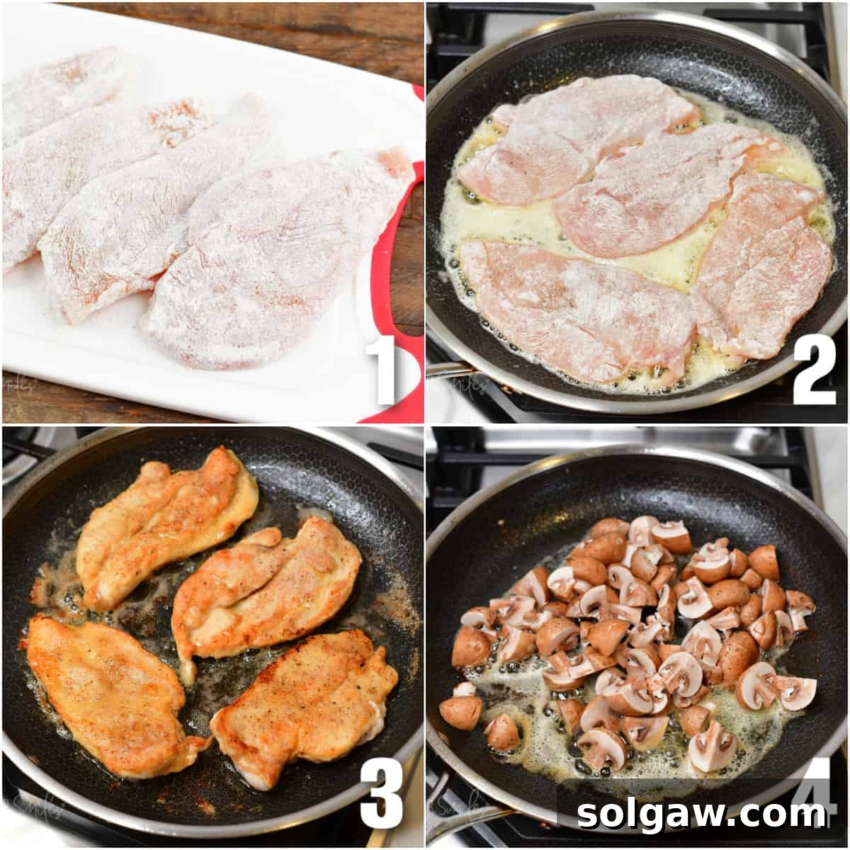Savory Chicken Marsala 4 A four-panel collage illustrating the initial steps of preparing Chicken Marsala: slicing chicken, coating in flour, searing in a pan, and sautéing mushrooms.