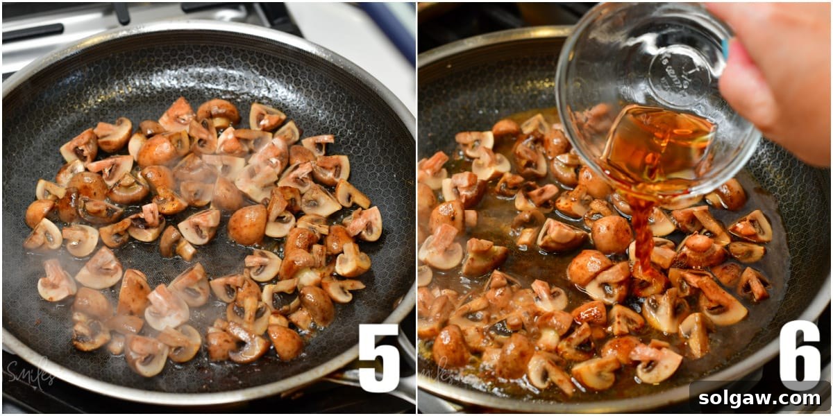 Savory Chicken Marsala 5 A two-panel collage showing sliced mushrooms sautéing in butter and Marsala wine being poured into the pan to deglaze and build the sauce.