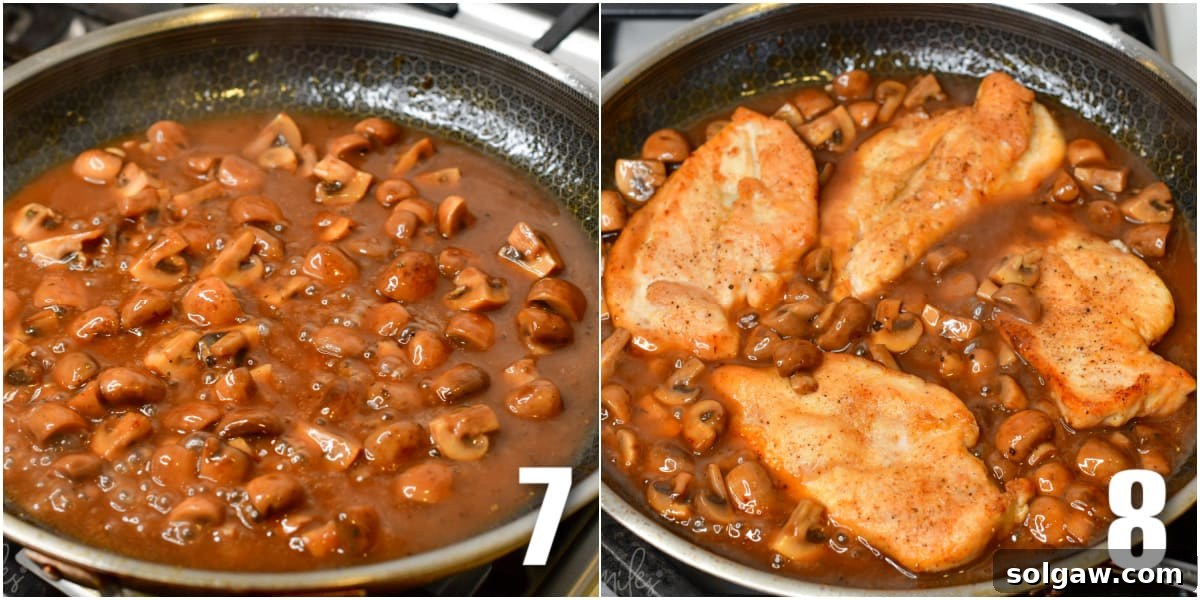 Savory Chicken Marsala 6 A two-panel collage showing the Marsala sauce simmering with mushrooms and the final step of adding chicken back into the pan to finish cooking.