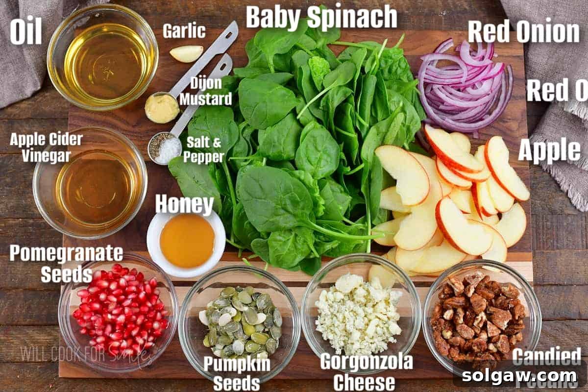 Orchard Apple Bliss 3 Labeled ingredients for making apple salad laid out on a cutting board.