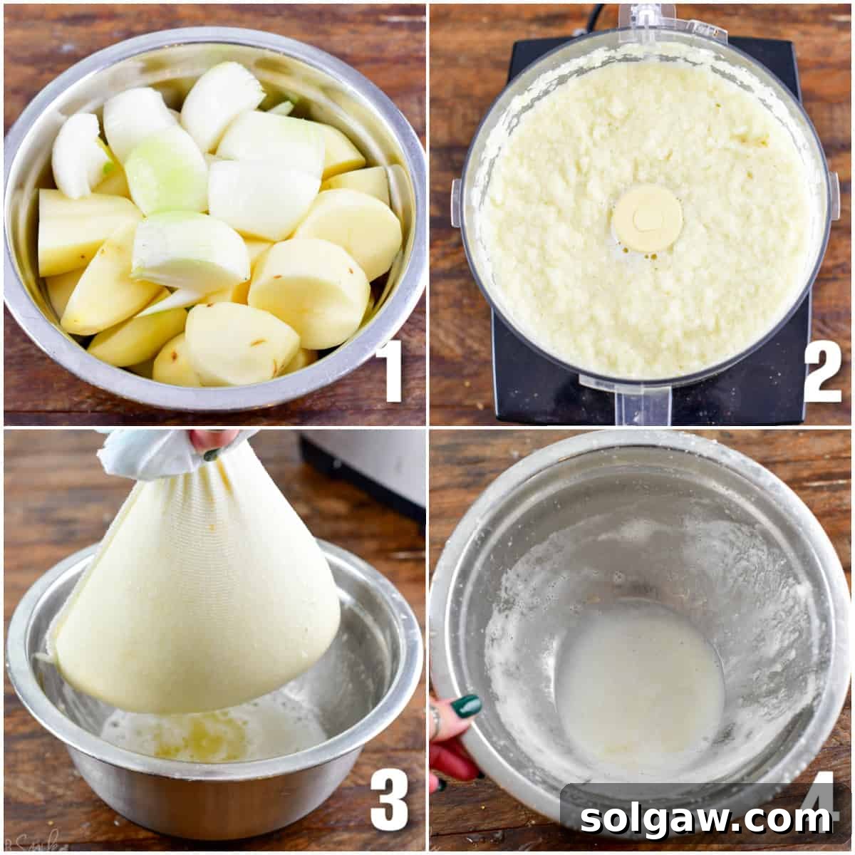 collage of four photos of blending potatoes and onions and draining the liquid out.
