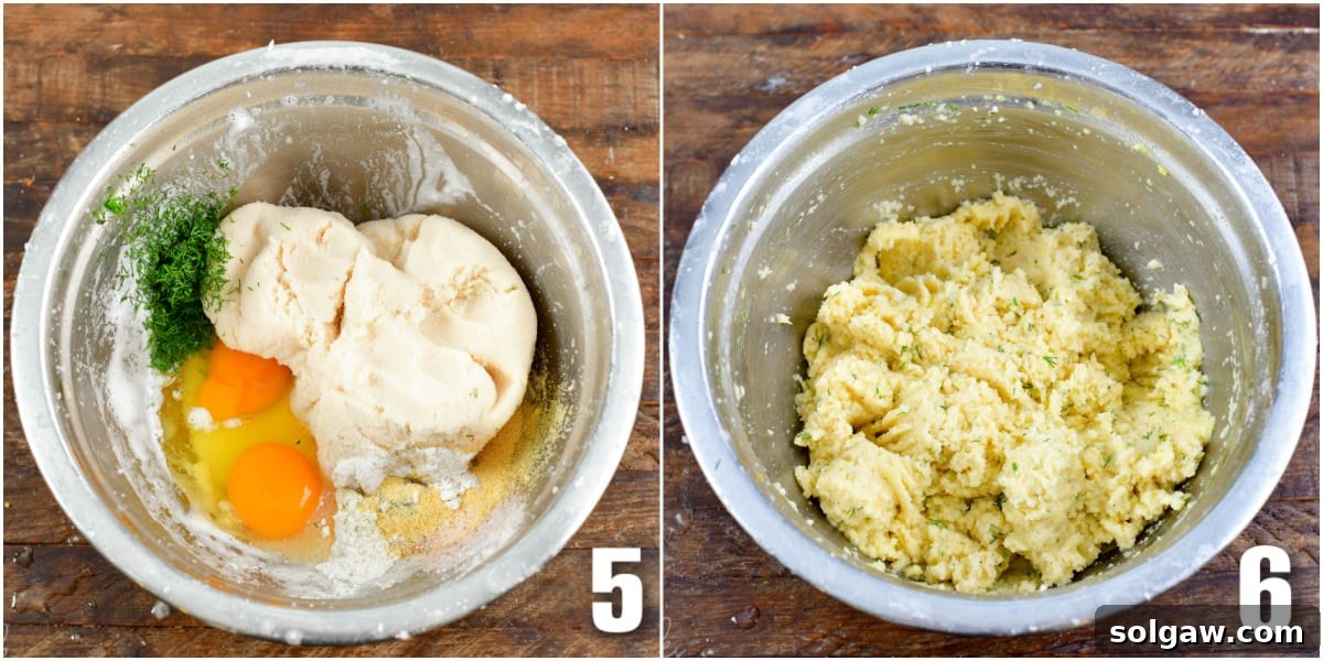 collage of two images of mixing the ingredients for the potato pancakes batter in a bowl.