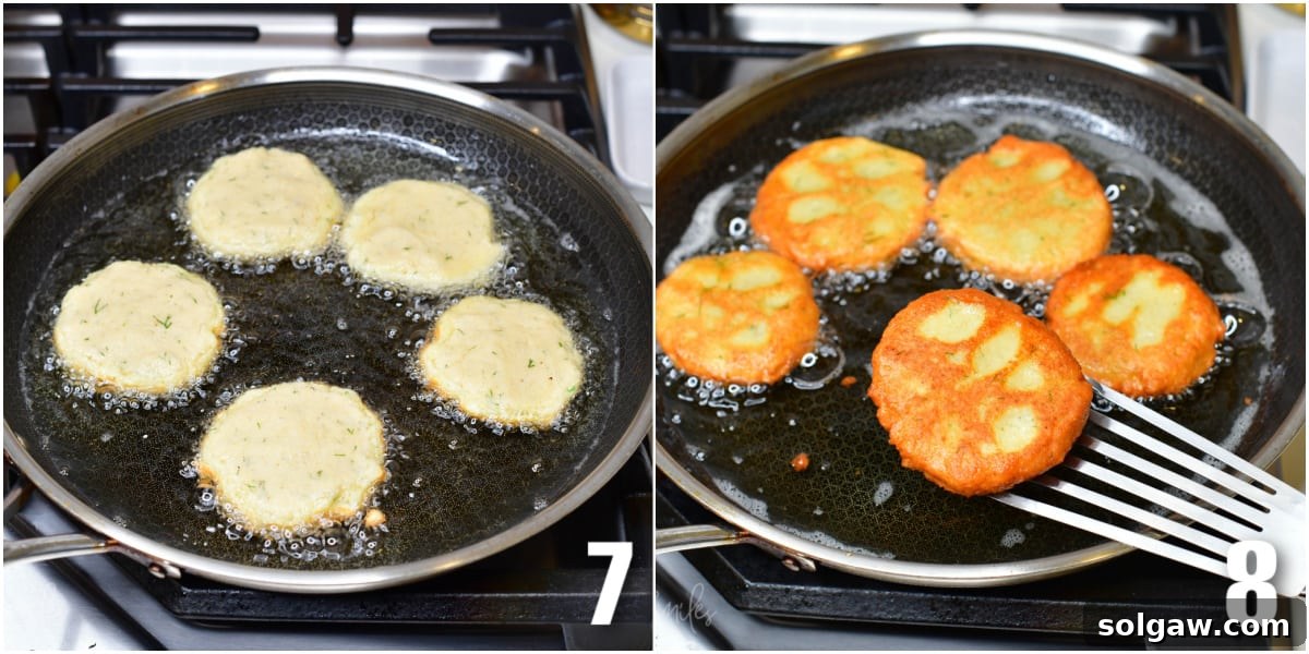 Collage of two images cooking potato pancakes in oil.