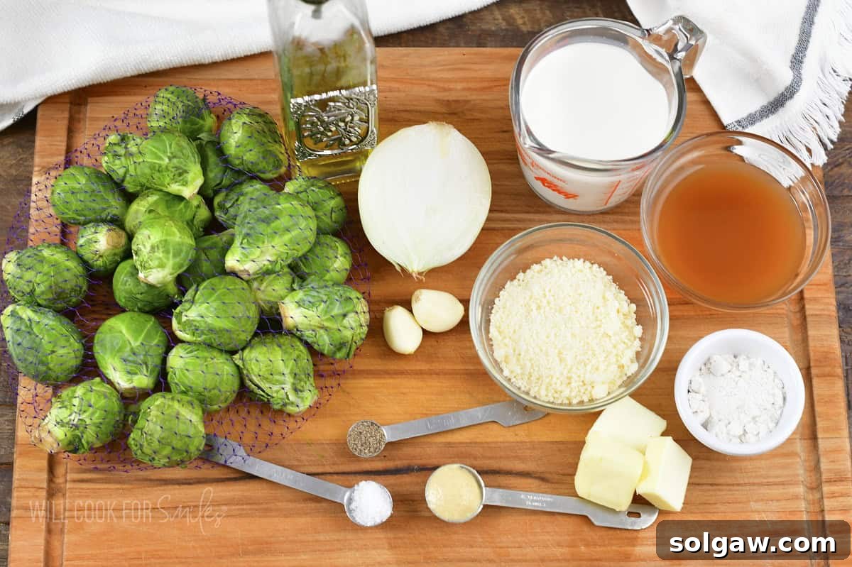 Velvety Baked Brussels Sprouts Gratin 3 ingredients to make creamy parmesan brussels sprouts.