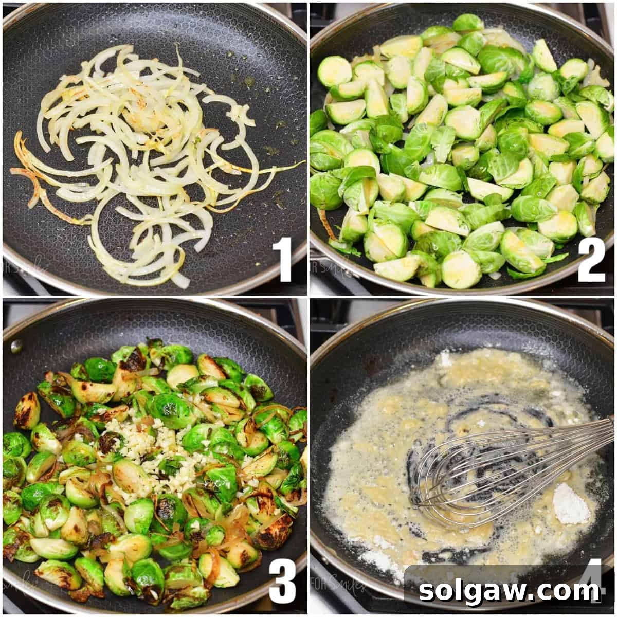 Velvety Baked Brussels Sprouts Gratin 4 collage of four images of sautéing onions and brussels sprouts and starting the sauce.