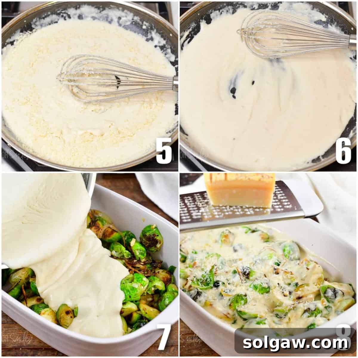 Velvety Baked Brussels Sprouts Gratin 5 collage of four images of making parmesan sauce and mixing with sauteed brussels sprouts.
