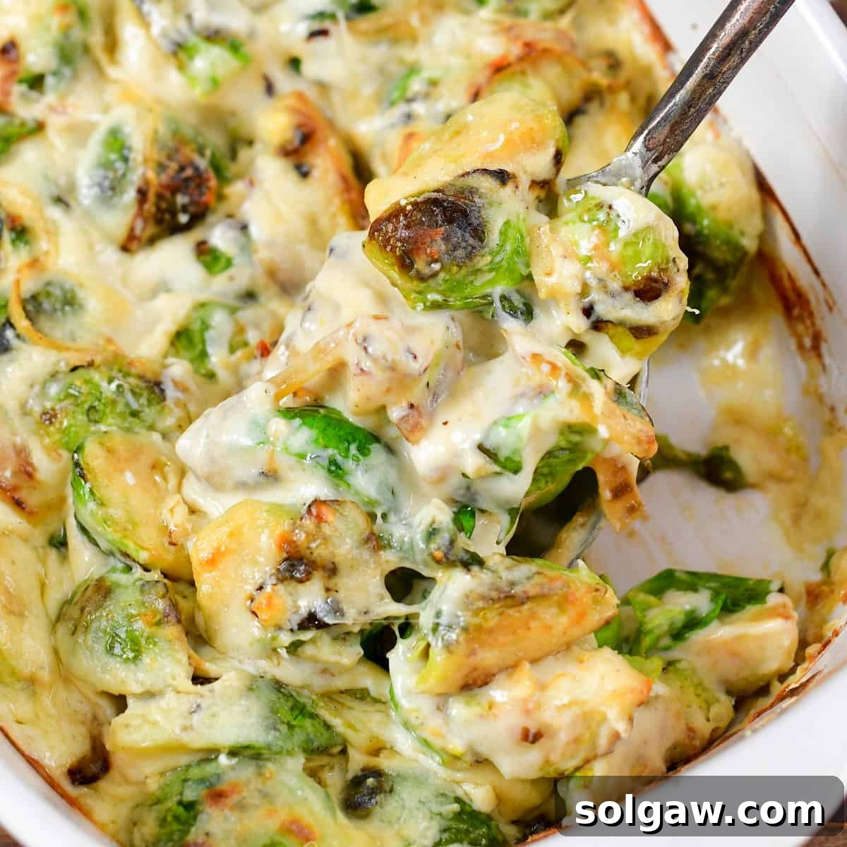 Velvety Baked Brussels Sprouts Gratin 9 scooping out creamy brussels.