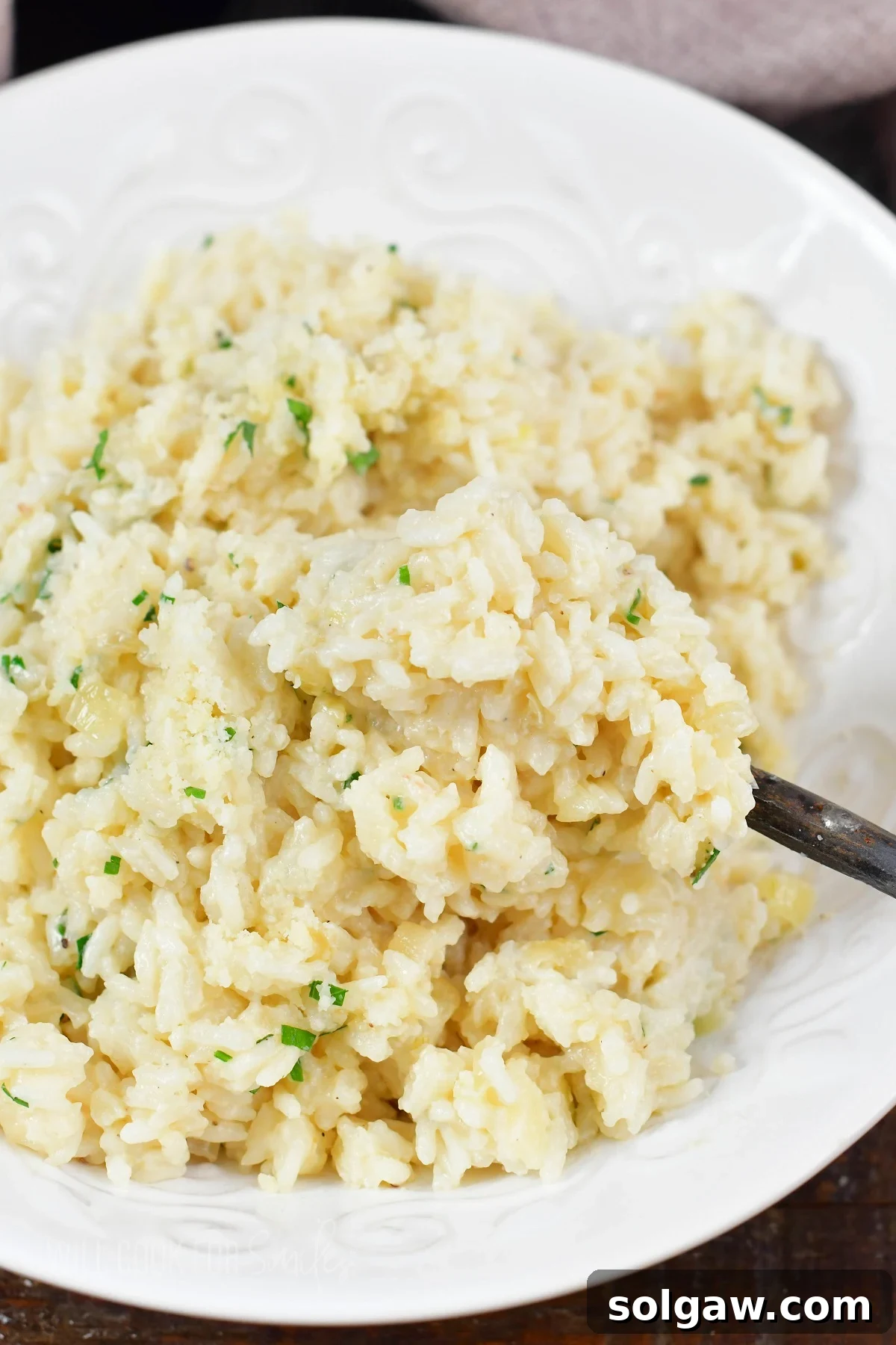 Velvety Parmesan Rice 2 Creamy Parmesan Rice scooped from a bowl, garnished with fresh parsley.