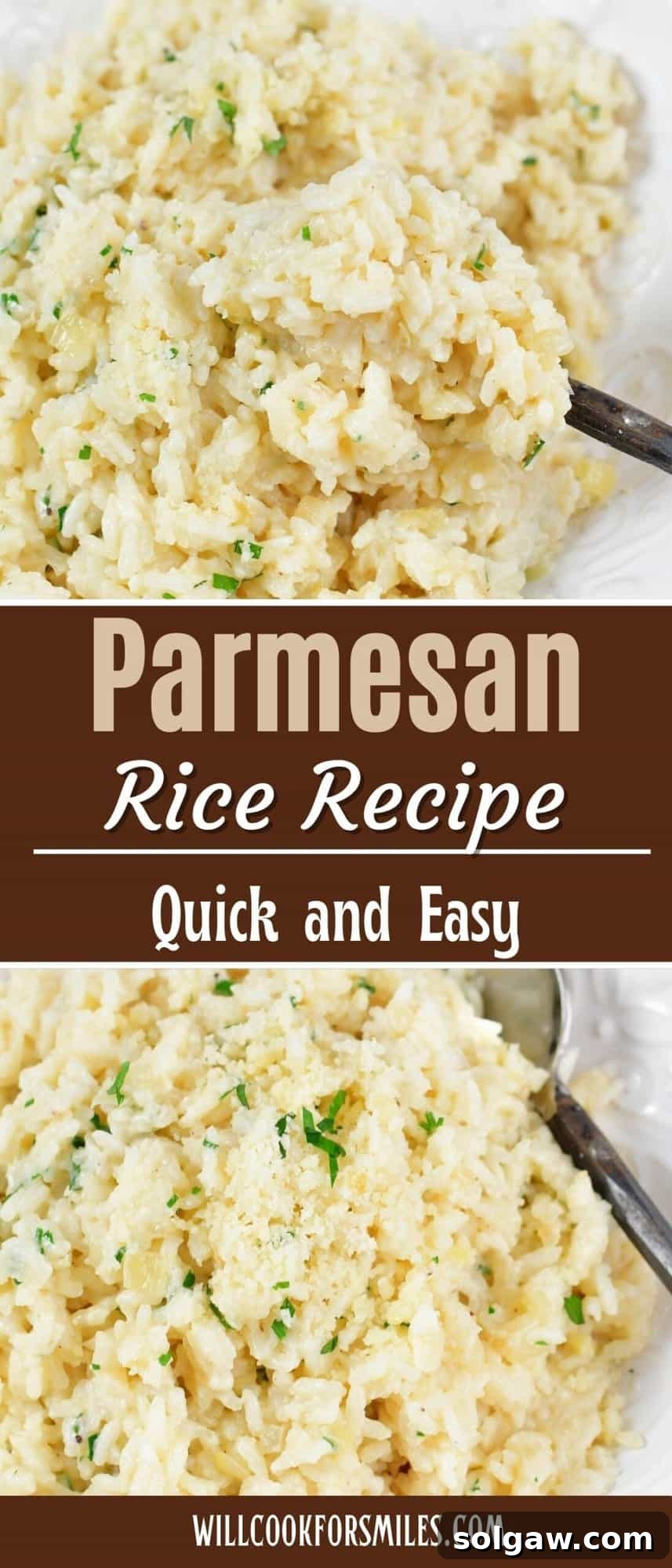 Velvety Parmesan Rice 15 Collage of closeup images of creamy rice in a white bowl, showing its rich texture and parsley garnish.