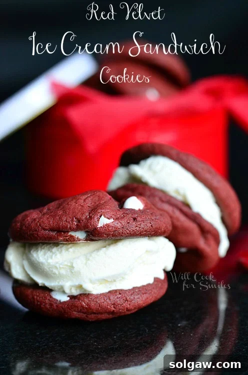 Close-up of a Red Velvet Ice Cream Sandwich Cookie on a black countertop, showing the vibrant red cookie and creamy white ice cream filling.