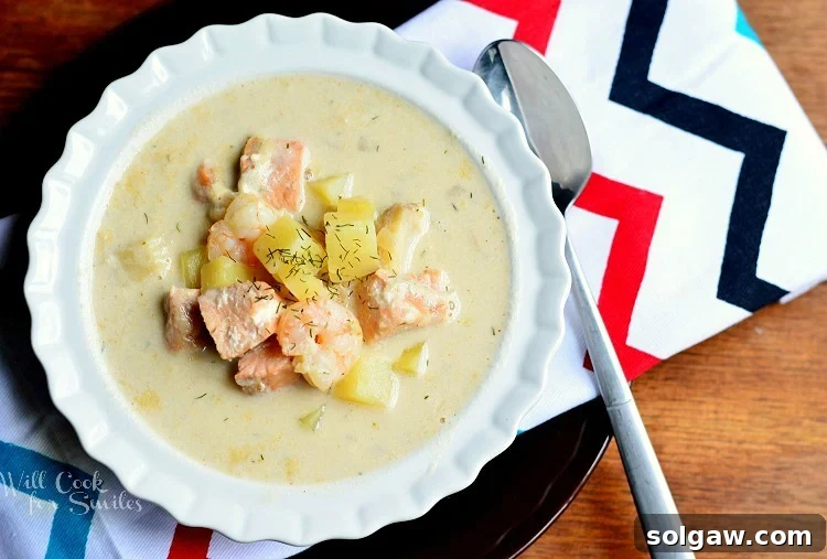 above photo of Seafood Chowder Soup in a white bowl