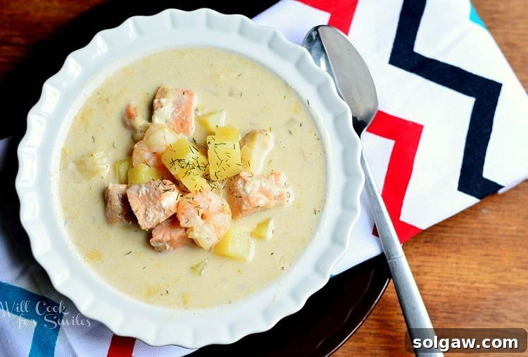 Seafood Chowder Soup in a white bowl