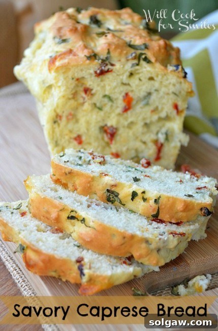 Savory Caprese Bread, sliced and garnished
