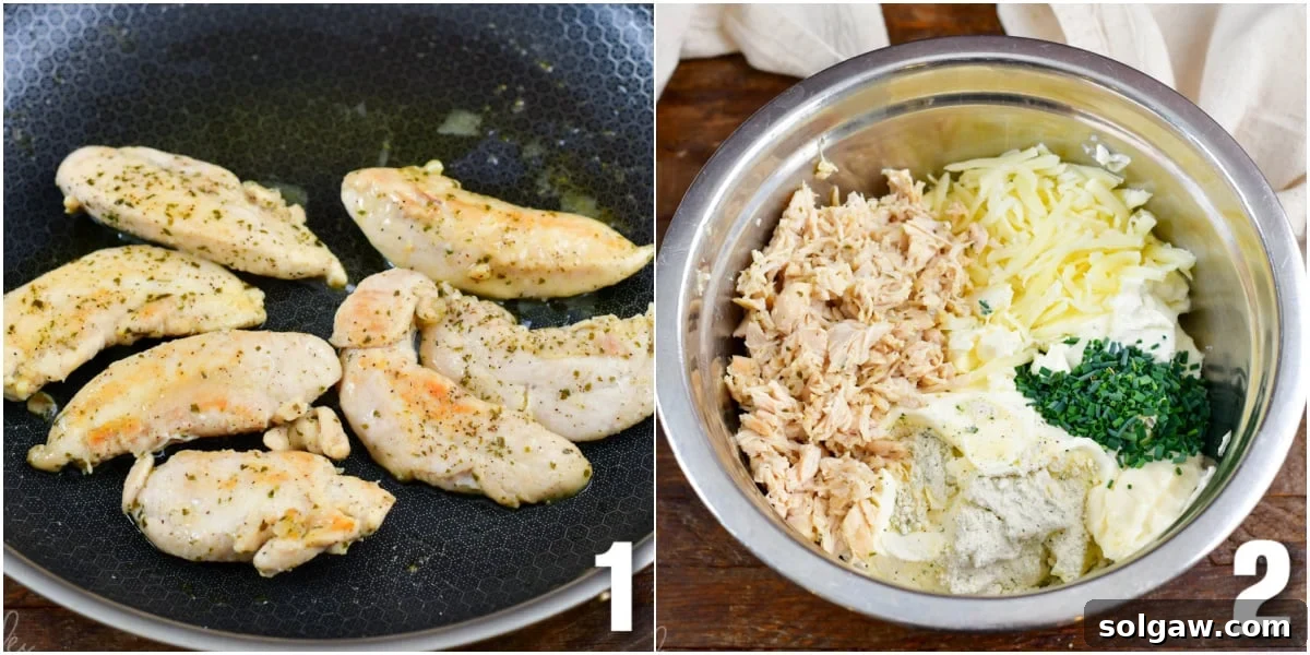 collage of two images of cooked chicken tenders and ingredients for chicken dip in a bowl.