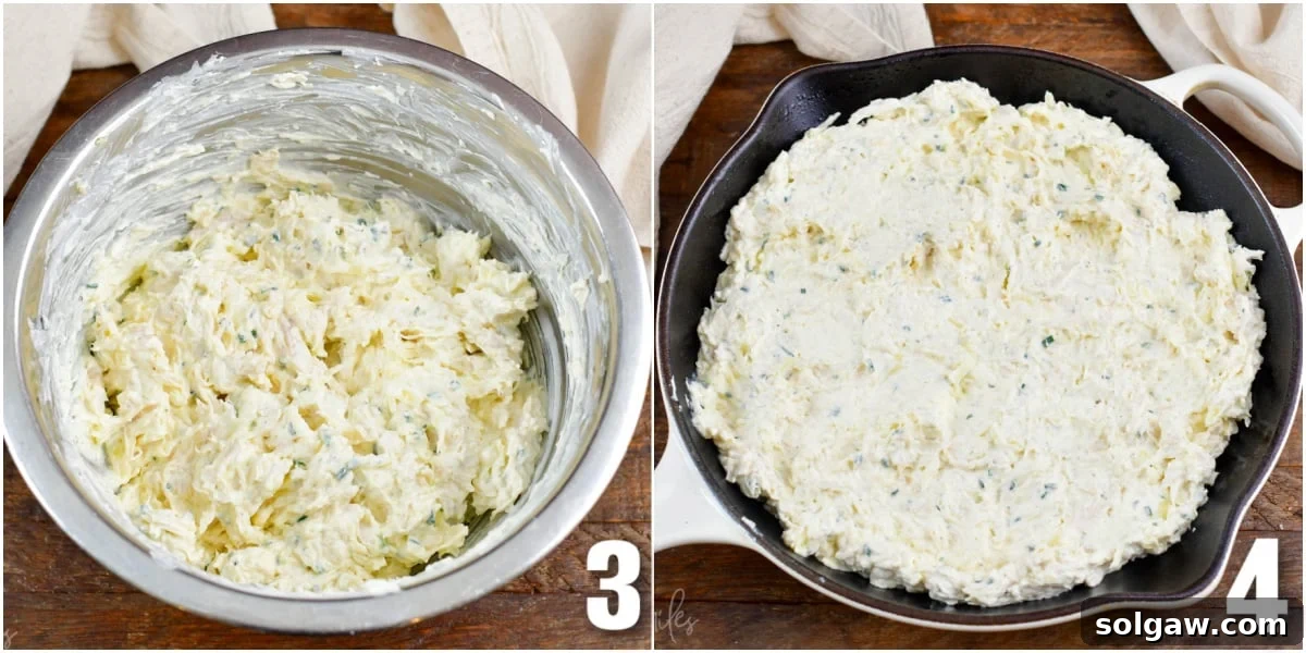 collage of two images of chicken ranch dip mixed in a bowl and spread in a skillet.