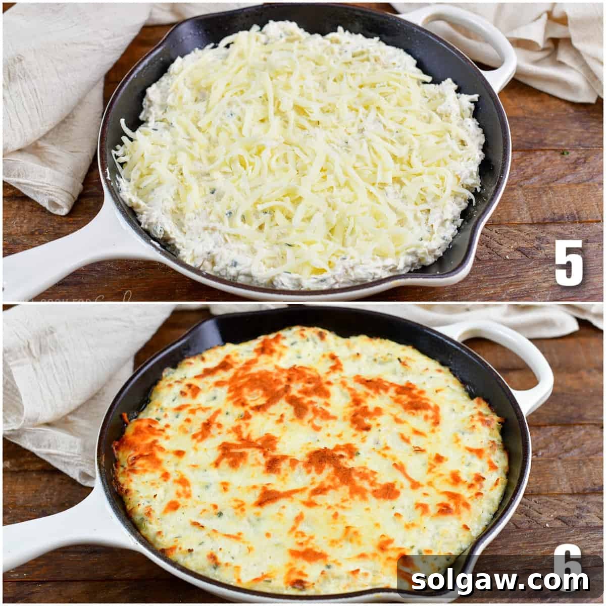 collage of two images of chicken ranch dip before baking and after baking.