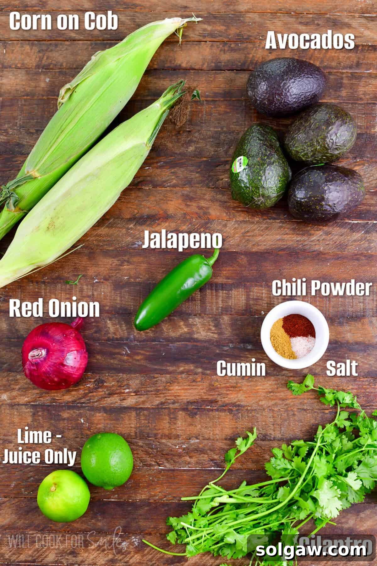 A collection of fresh, natural ingredients neatly arranged on a wooden surface, ready for making avocado salsa.