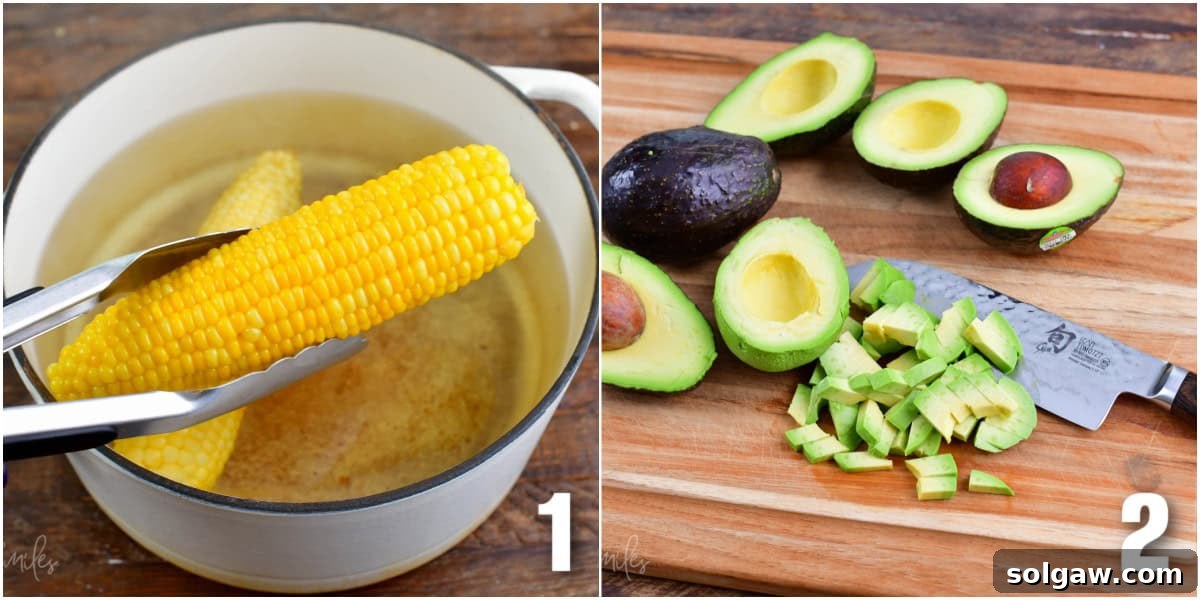 A culinary collage showcasing two essential steps: cooking corn on the cob until tender and expertly slicing a perfectly ripe avocado on a wooden cutting board.