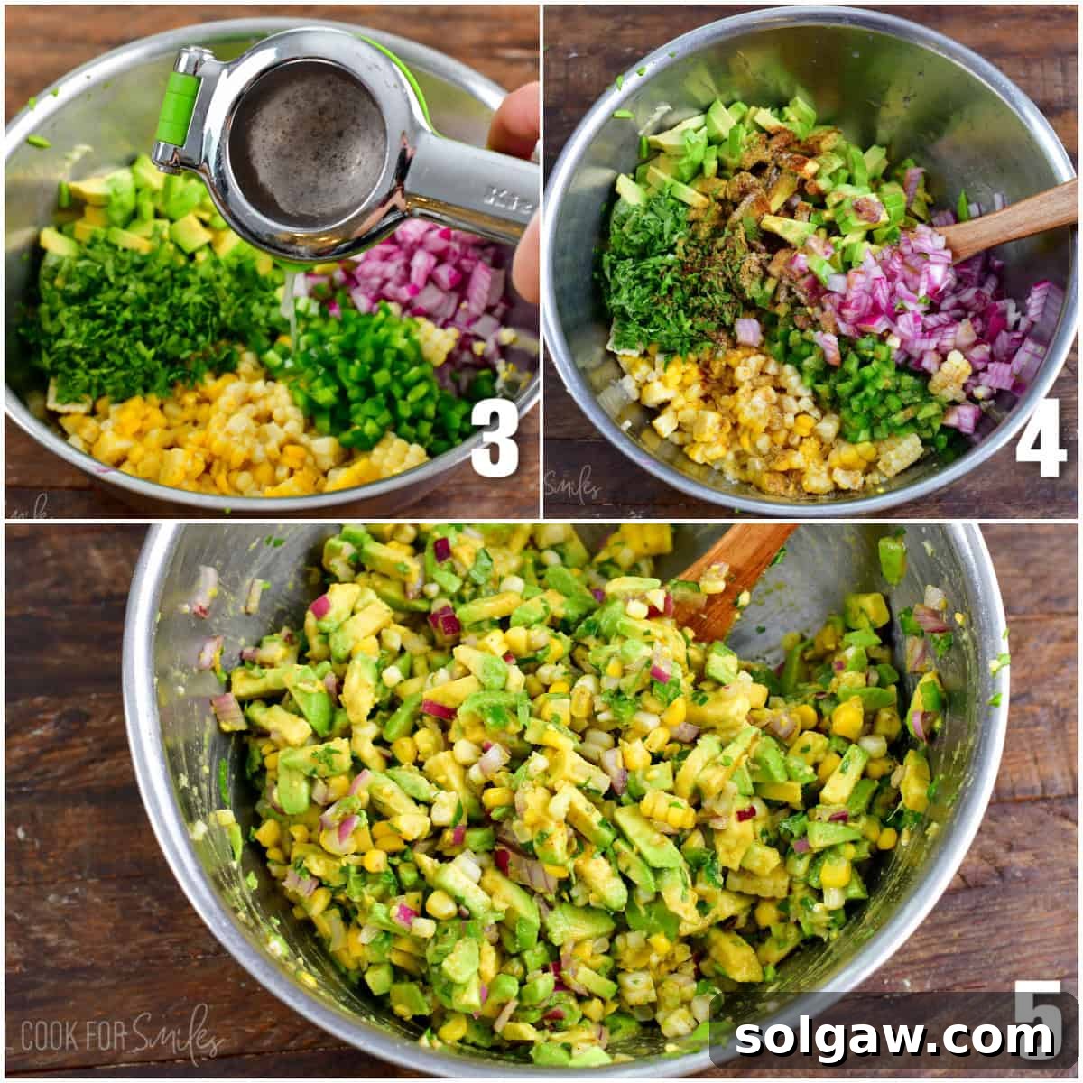 A collage of three dynamic images illustrating the process of mixing all the fresh ingredients for avocado salsa together in a bowl.